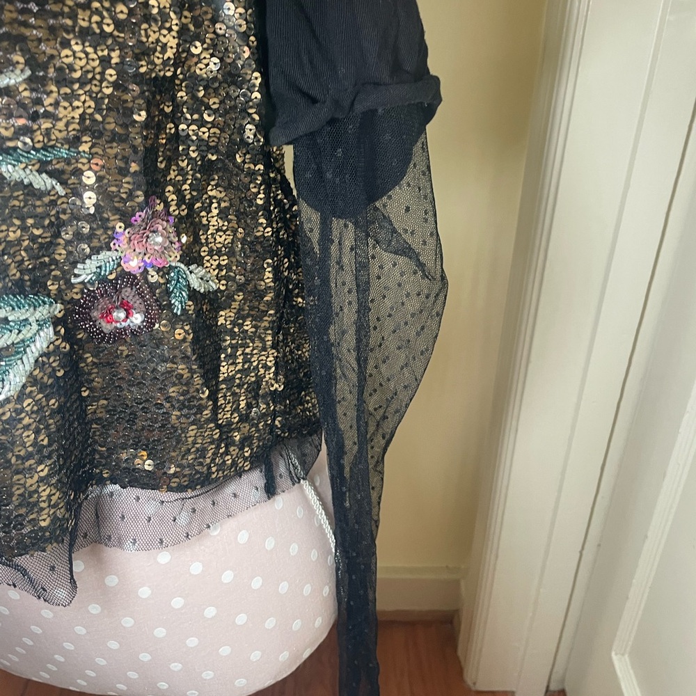 Free People Black Sequin Life Of The Party Mesh Sleeve Top - Picture 3 of 8